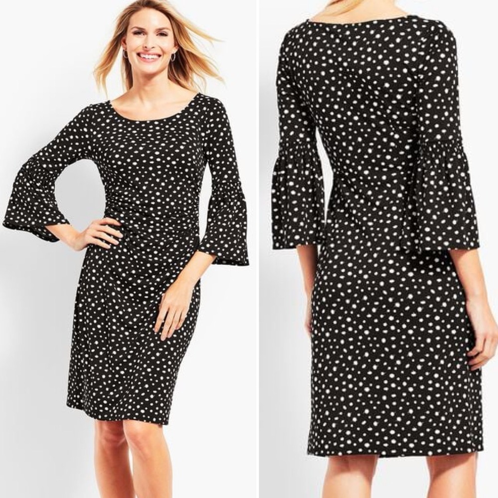 TALBOTS‎ Women’s Dot Jersey Shift Dress Flounce Sleeves Waist Ruching S Elegant